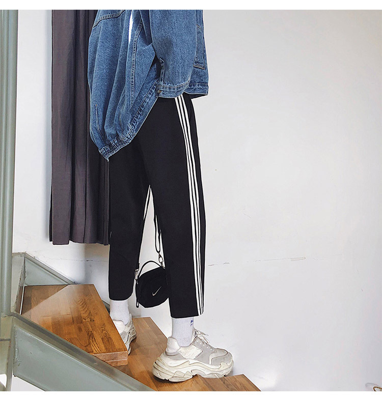 裤子男宽松直筒薄款网红条纹九分裤抖音阔腿夏裤运动裤 灰色 xl