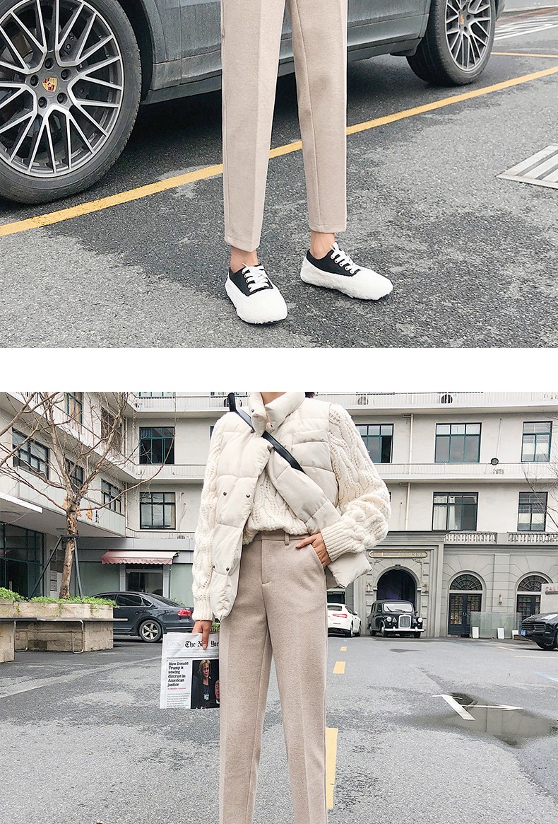 Langsha Women's Woolen Autumn Winter Straight-leg Harem Cropped Carrot Pants Loose Casual Trousers 11