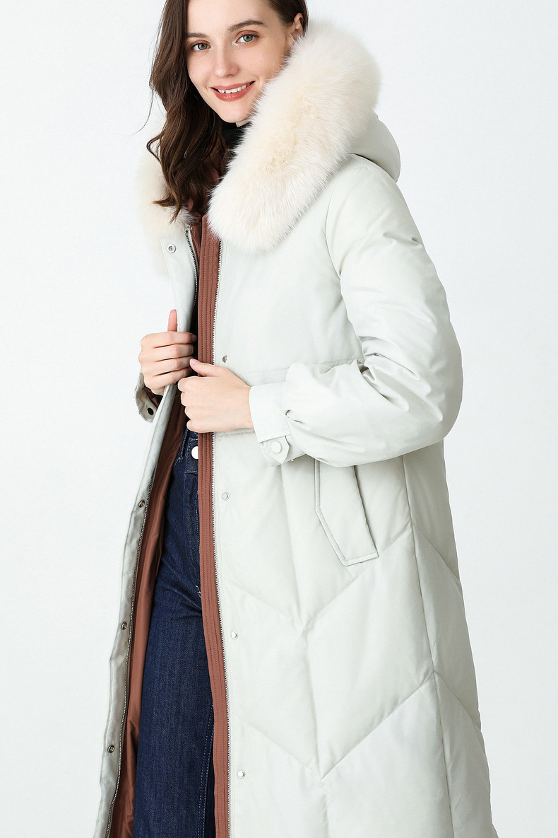 新款恒源祥中长款羽绒服女大毛领纯色过膝白鸭绒大衣秋冬宽松连帽外套