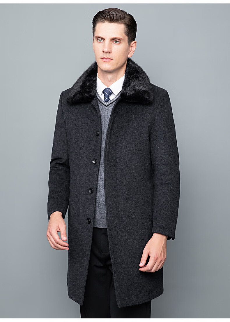 肯德尔轻奢男士尼克服长款纯羊毛大衣男装外套水貂毛领加厚皮毛一体