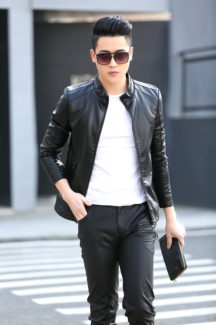 木子彤秋冬立领机车皮衣皮裤套装男短款修身休闲外套薄韩版潮男士皮