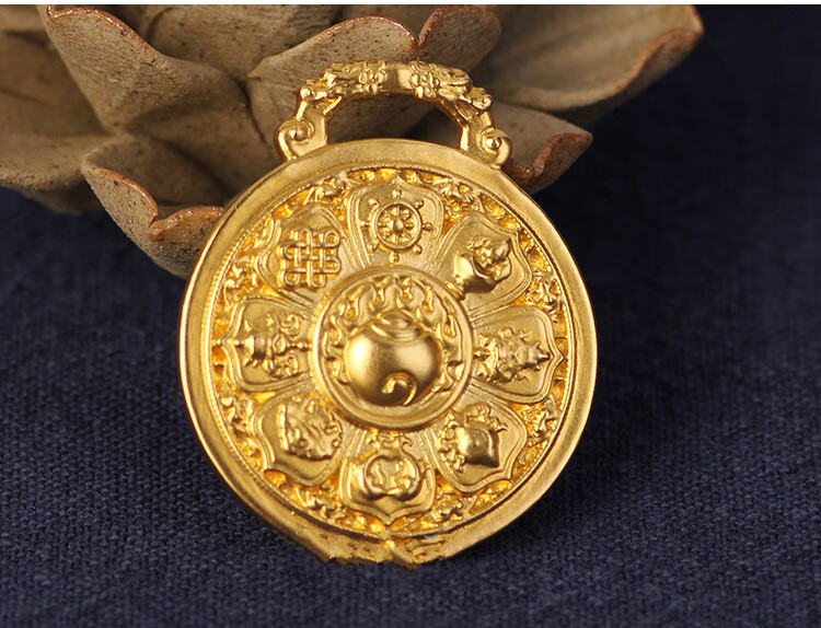 颜沫 足金999古法黄金八吉祥八宝六字真言吊坠佛牌 双面六字真言现货