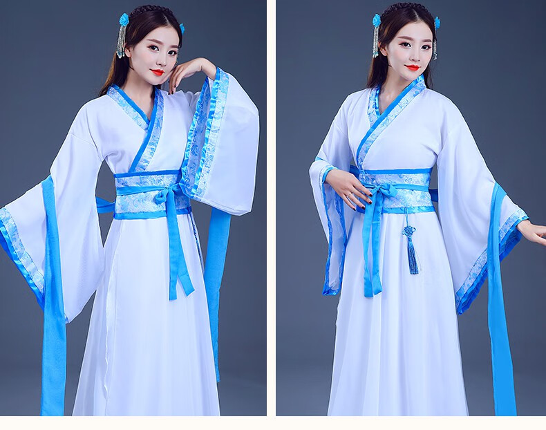 汉服女春秋仙气古装服装古风舞蹈表演服毕业班服学生演出服 a款天蓝色