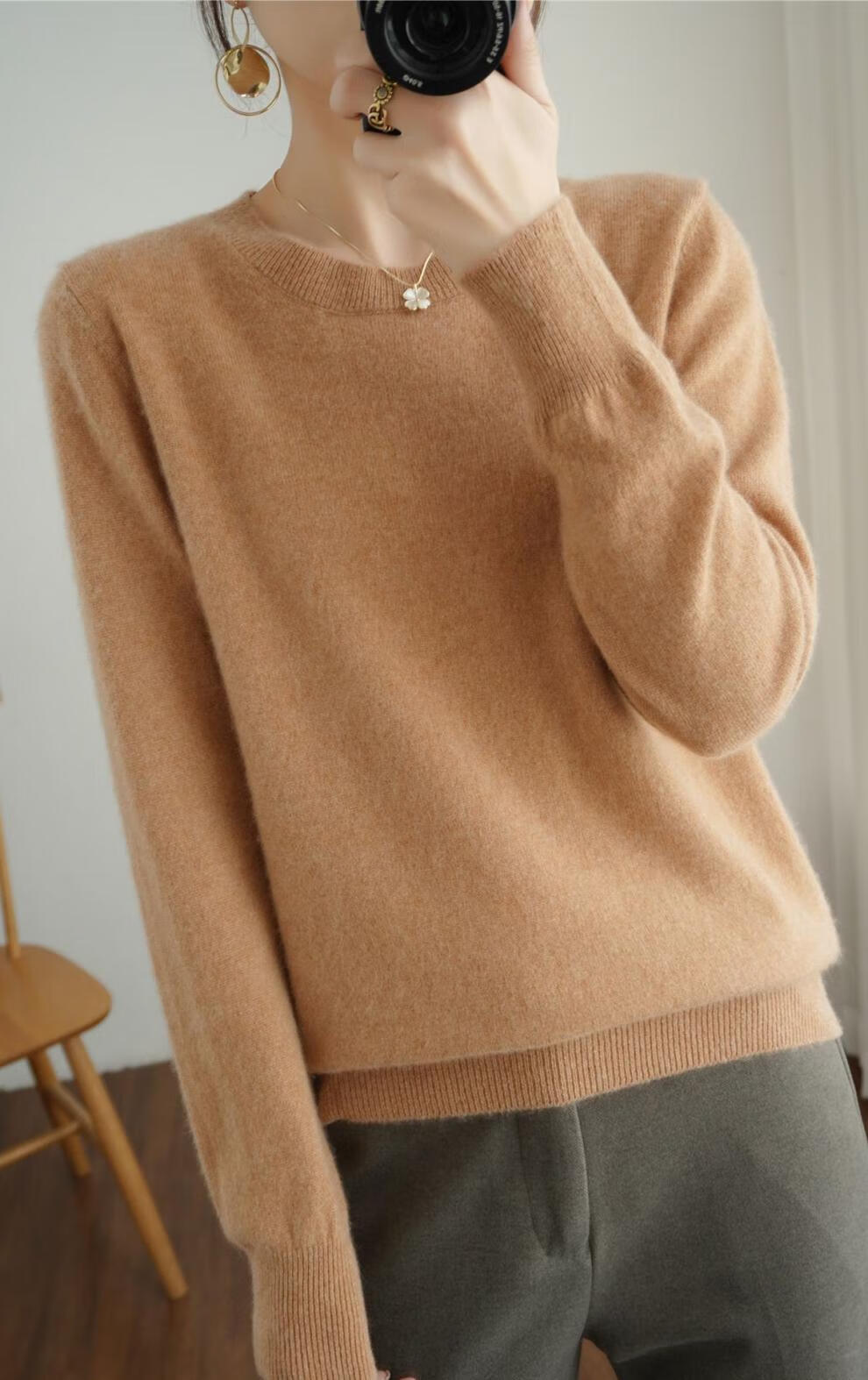 毛衣女士秋冬针织打底衫女安迪绒圆领内搭色外穿宽松长袖上衣 金驼色