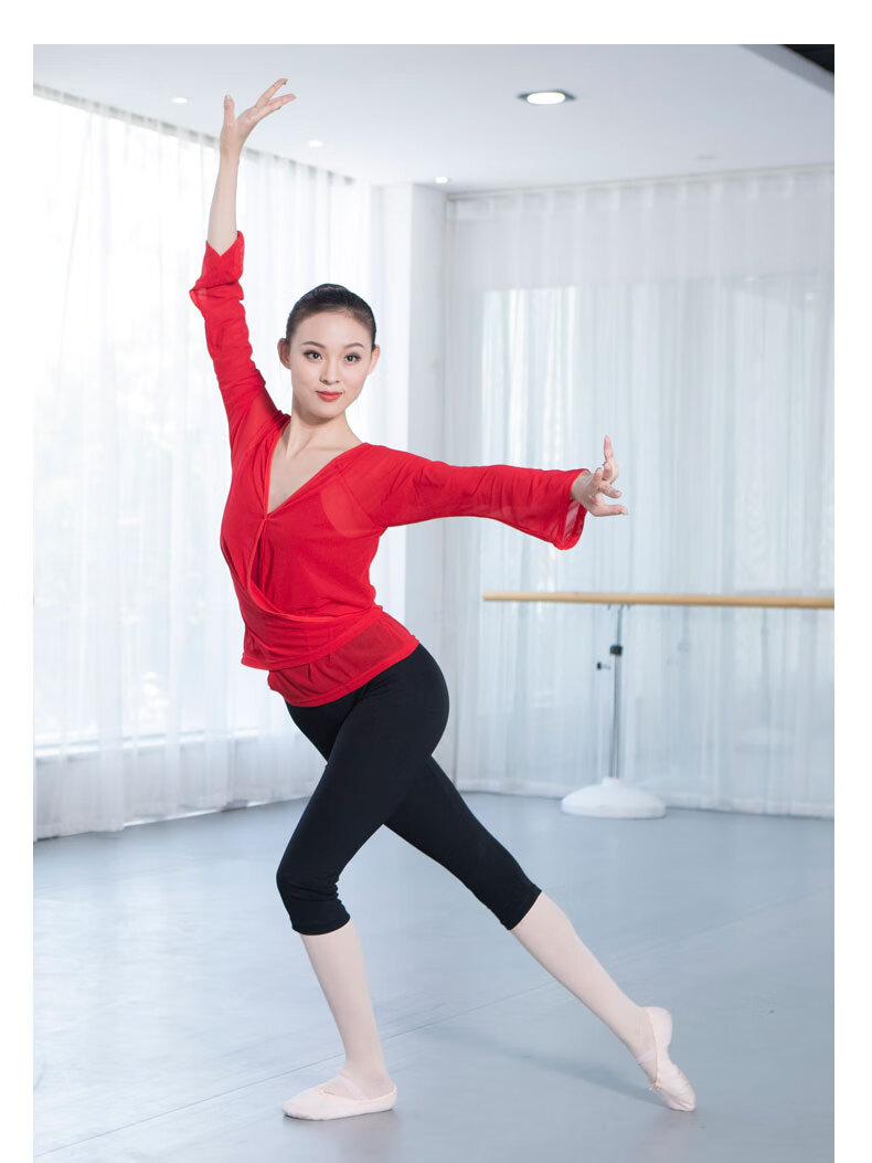 红舞鞋女芭蕾舞练功服古典舞纱衣身韵舞蹈服民族舞广场舞上衣 大红色