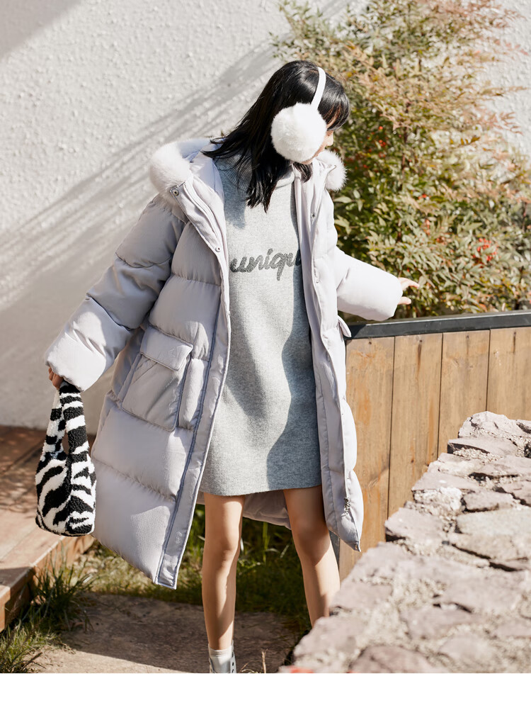 新品乐町2020年秋季新款潮小个子学生真毛领中长款连帽羽绒服紫色现货