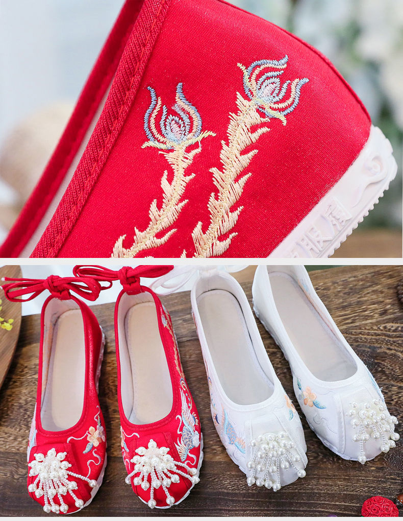 中式宫廷工艺布鞋古风汉服鞋宫锁珠帘缀珠流苏绣花布鞋秀禾婚鞋有仙