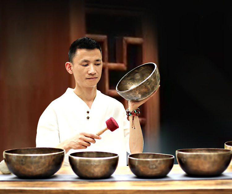 尼泊尔手工颂钵桑塔钵满月钵西藏佛音碗瑜伽冥想静心乐器音钵铜磬 黄