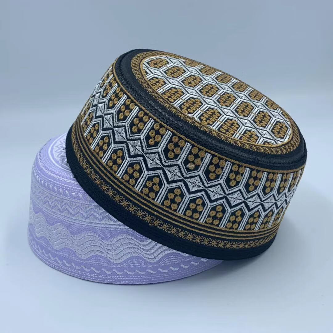 新款礼拜帽用品回族男士沙特帽子高档平顶圆边绣花帽晟惠泽 蓝绿白线