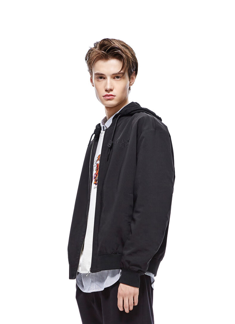 卡宾男装秋冬新款黑色连帽夹克宽松外套青年时尚潮h3193138003煤黑色