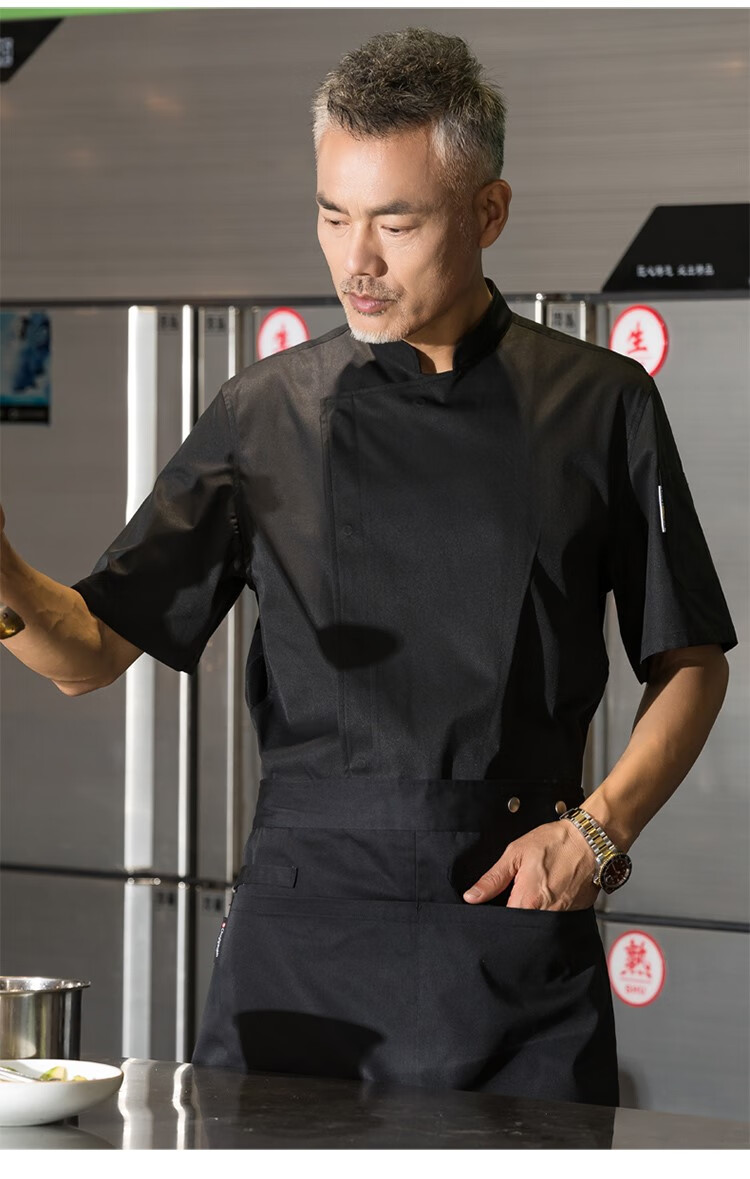 谢霆锋同款厨师服纯棉高端酒店宾馆行政总厨长袖工作服男秋冬黑色