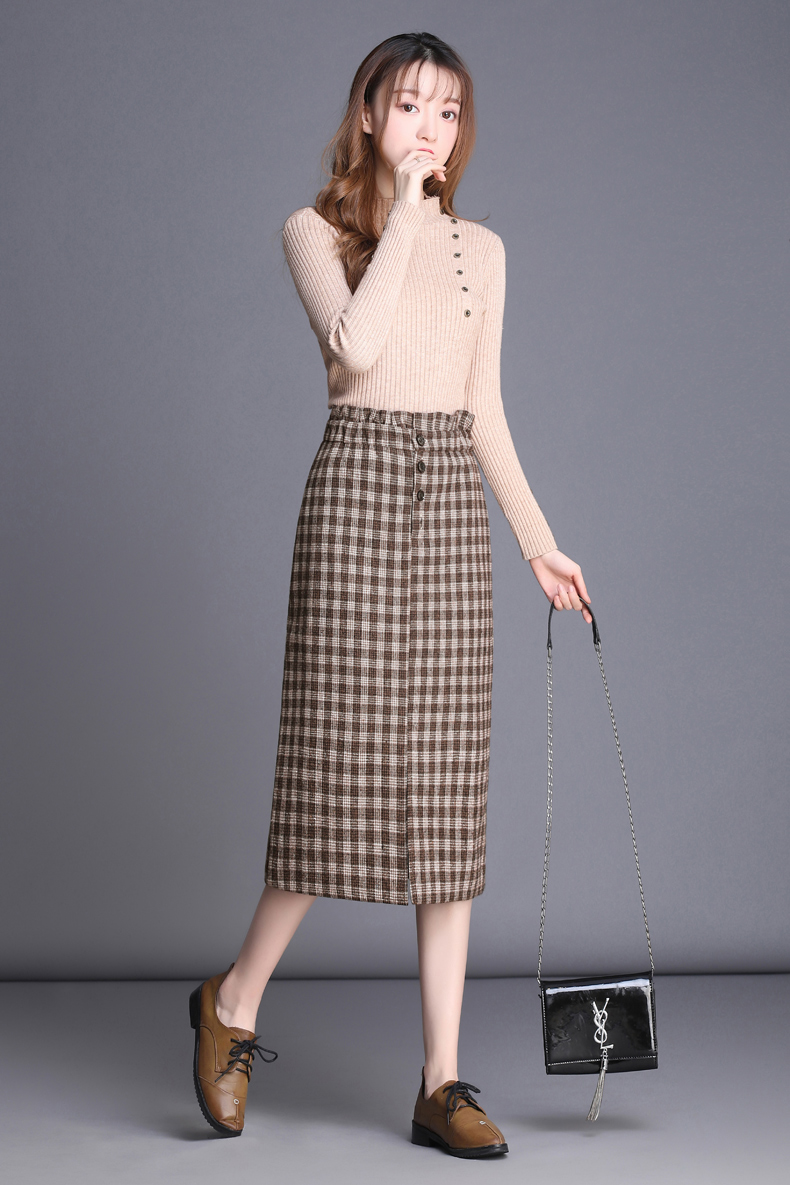 【精选尚品】格子毛呢半身裙高腰a字冬季中长款羊毛格格长裙秋冬包臀