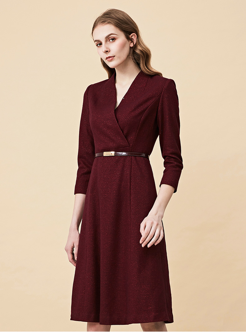 皮尔卡丹女装专柜正品酒红色长袖收腰连衣裙秋季新款羊毛裙子商场同款