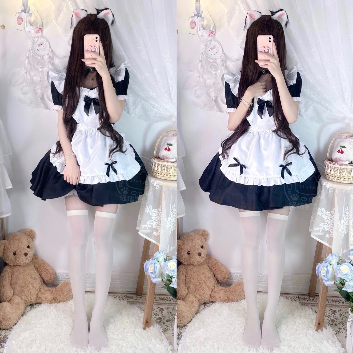 正经猫猫祟祟～日系动漫经典黑白爱心小围裙可爱软妹二次元cos 蓝色 l