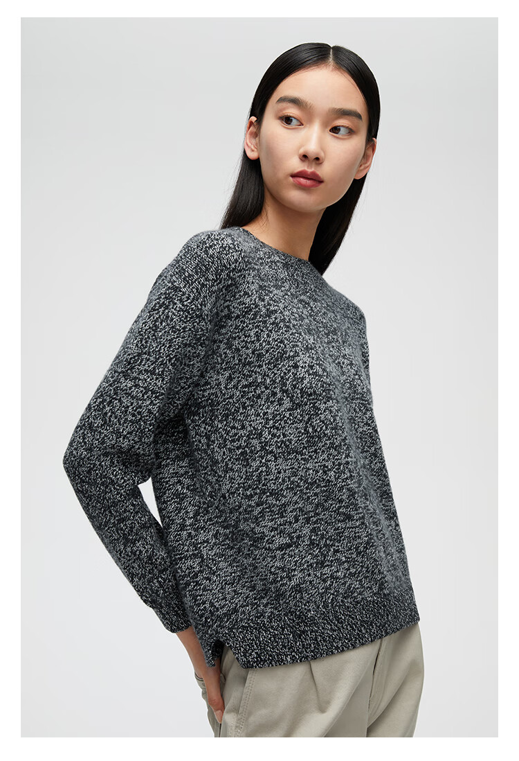 zb珍贝宽松纯羊绒衫女2021秋冬新款圆领保暖针织毛衣简约035自然夹栗