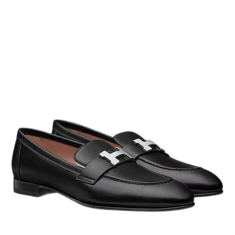 hermes/爱马仕鞋子女款paris乐福鞋休闲单鞋黑色银扣黑色 37【图片