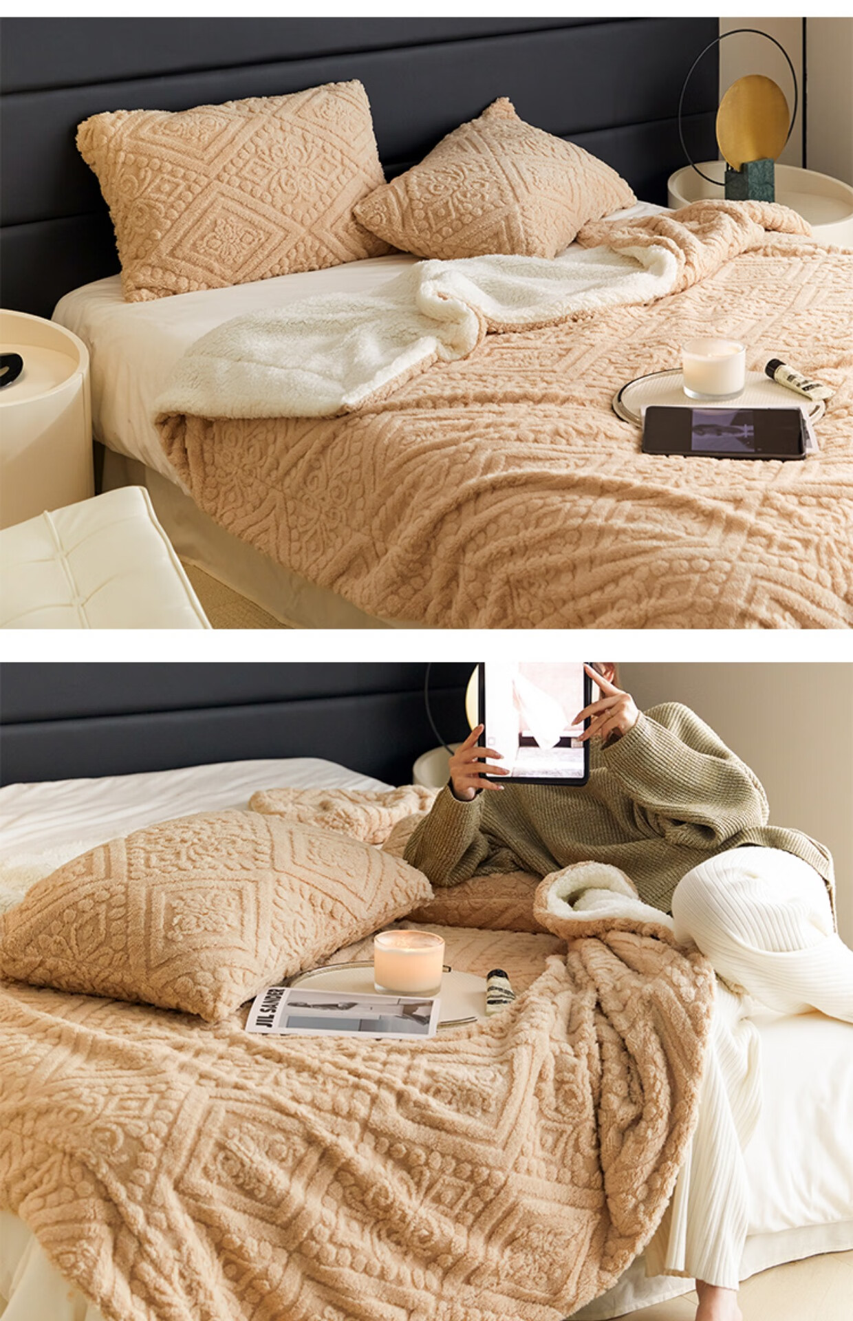 澳洲羊绒羊羔毛毯高级感慕斯绒毛毯加厚澳洲进口欧式提花羊羔绒毯子