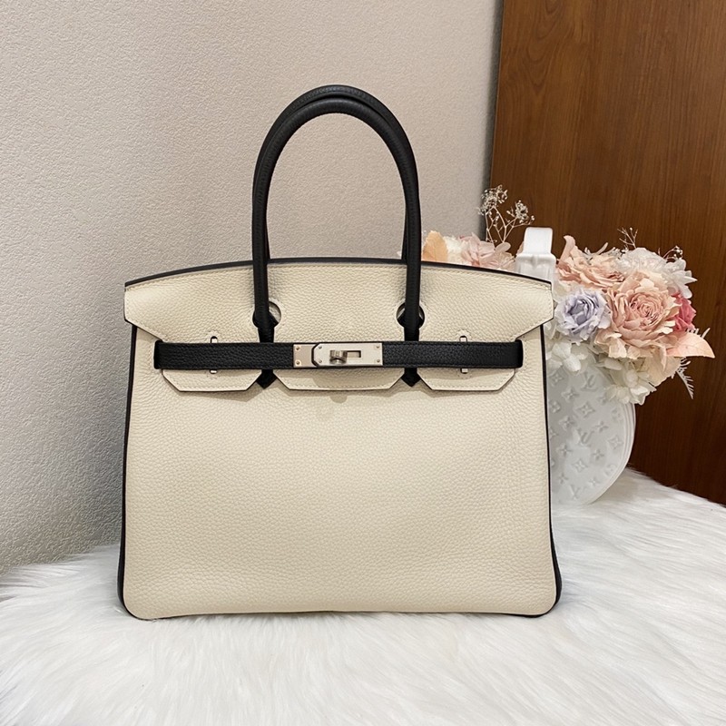 二手99新爱马仕hermesbirkin30拼色铂金包女士手提包唇膏粉内拼太阳