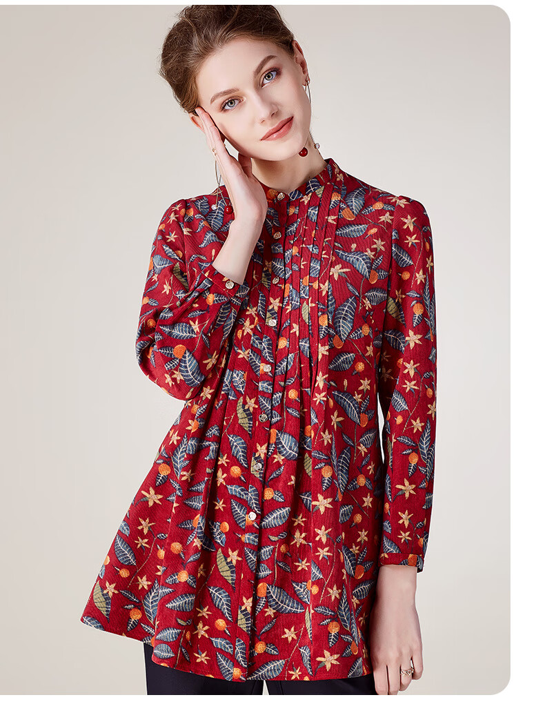 moreline沐兰秋冬新款长袖女装立领修身单排扣灯芯绒印花衬衫红叶42xl