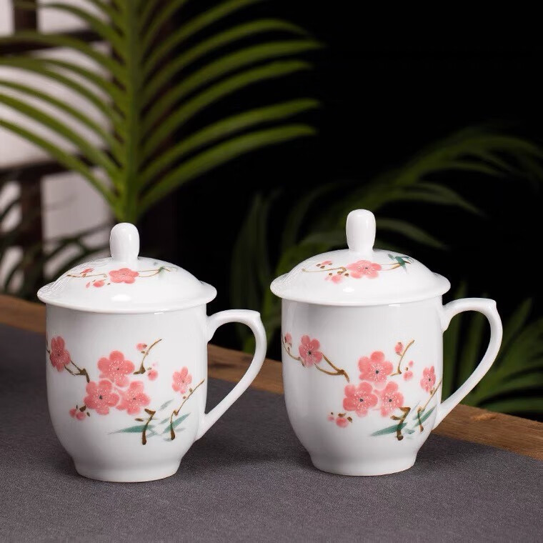 醴陵毛瓷7501毛瓷70-80年国营厂货 釉下梅花茶杯 办公室会议杯 锦盒