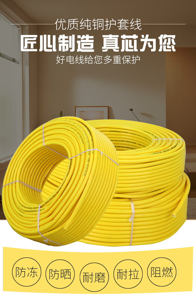 铜牛筋电线家用水电缆线254平方护套线2芯户外冻电源软线黄色纯铜15