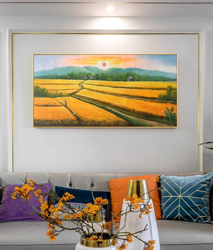 米聆【轻奢高端】稻田手工油画装饰画田园风景画手绘横版麦田丰收景