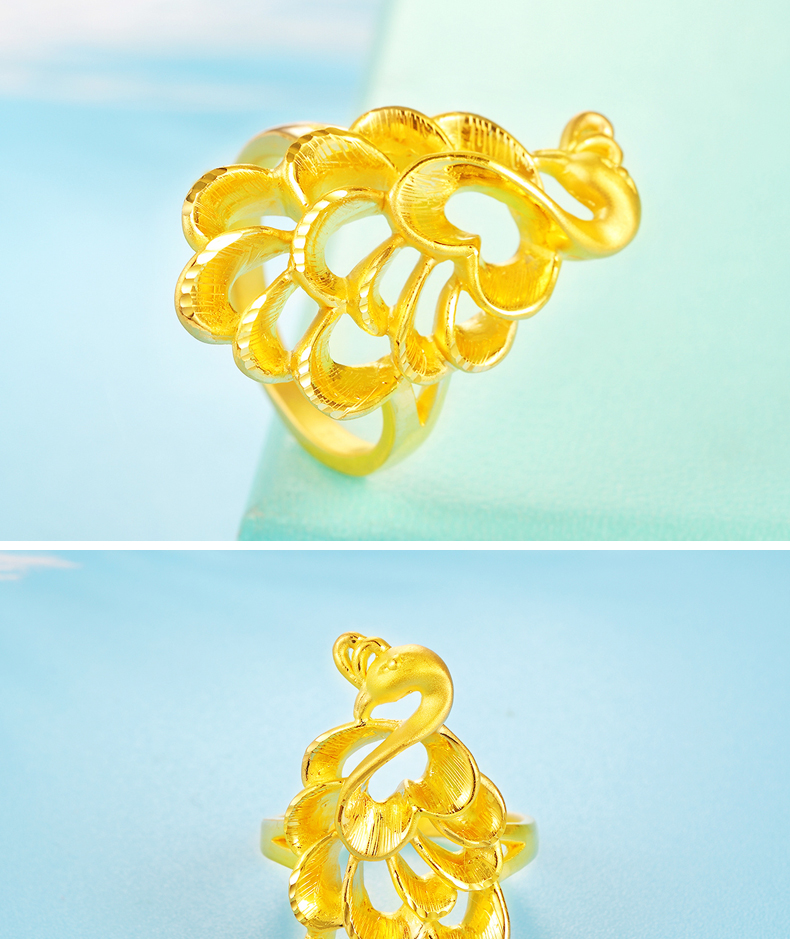 法雀3d硬金黄金孔雀戒指指环女款999足金时尚凤凰戒指食指戒尾戒送礼