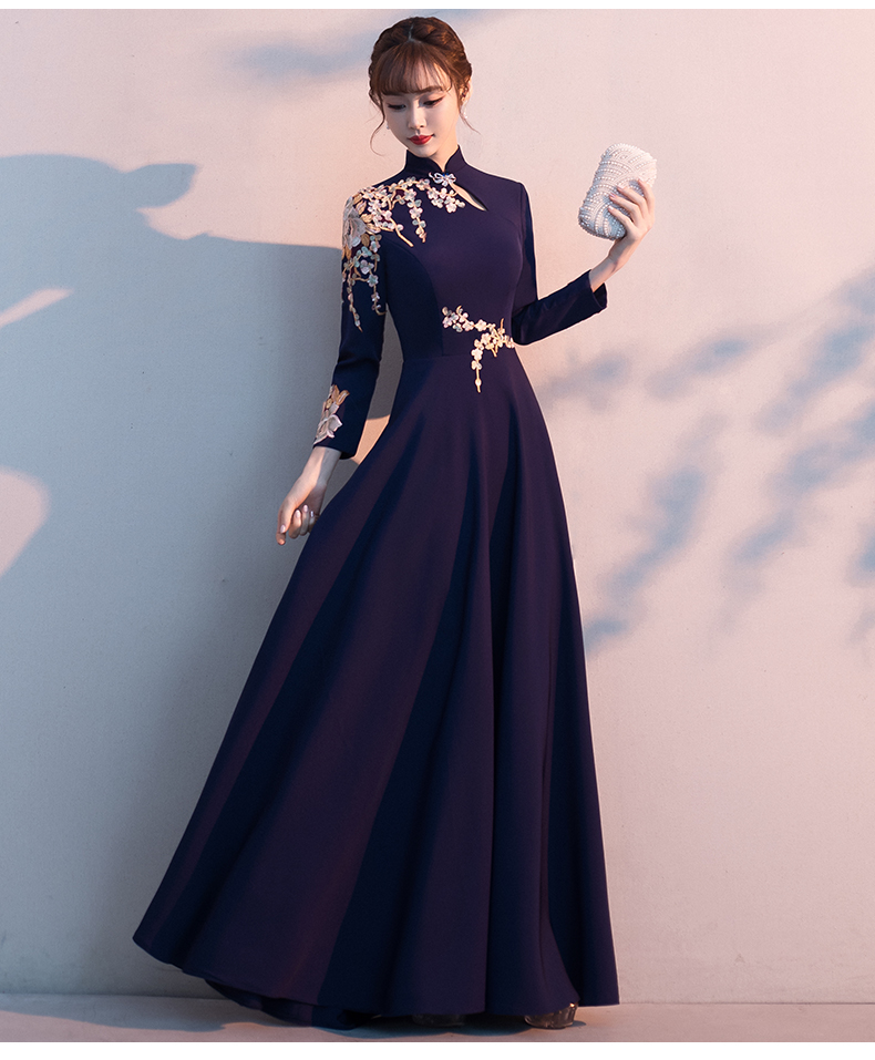 皮尔卡丹轻奢高档女装中式旗袍晚礼服女宴会气质冬季轻奢小众高端主持