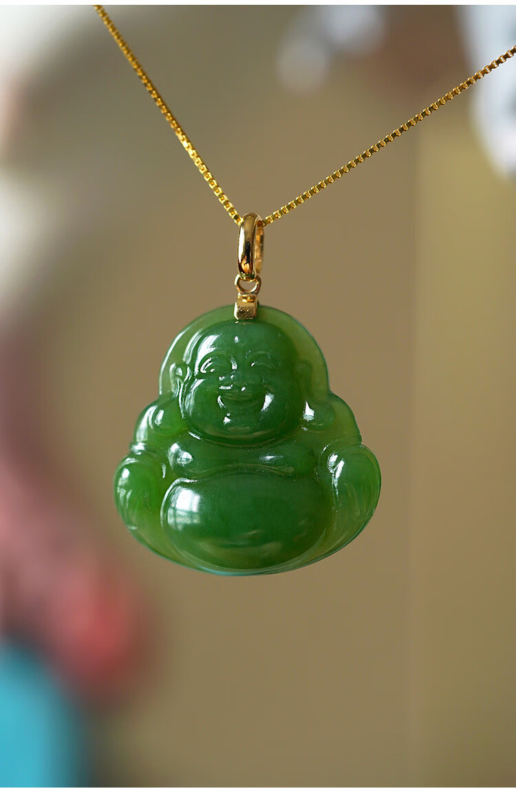 金玉兰香和田玉碧玉吊坠14k包金扣头挂坠弥勒佛项链锁骨链民族风饰品