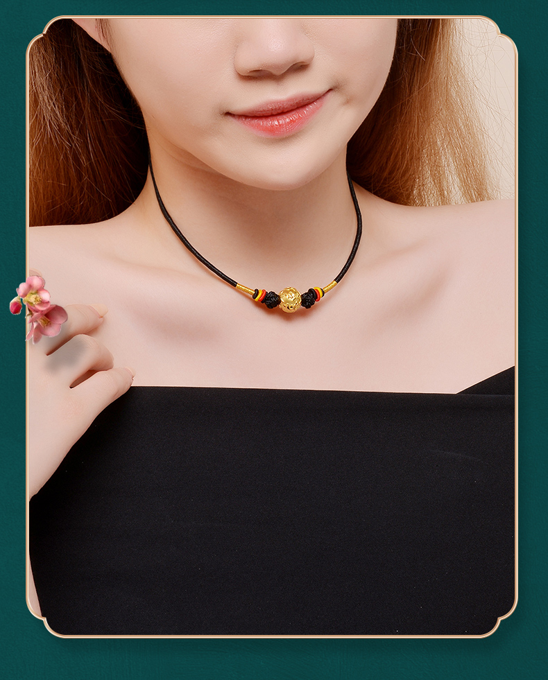 黄金转运珠项链女足金999六字真言挂坠3d硬金编织黑绳本命年项圈 转运