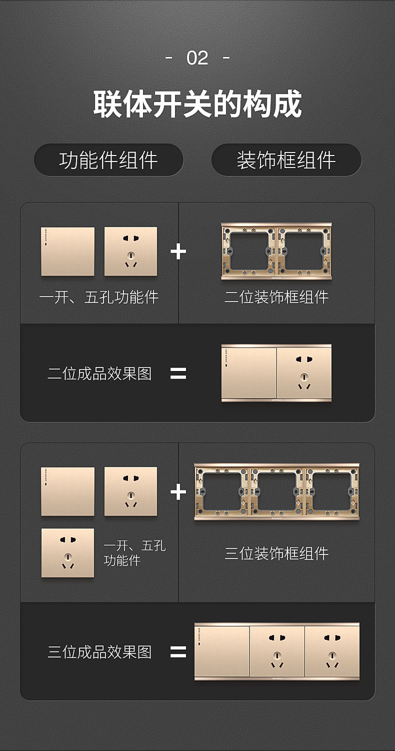 雅点artdna开关连体开关面板联体单联开关一至五位大面板香槟金a76一