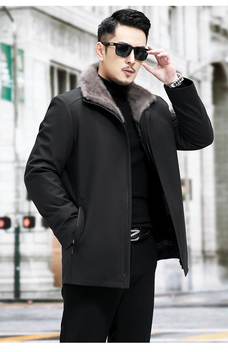 依品诺都 整貂派克服男士翻领中长款皮毛一体海宁水貂皮草尼克服貂皮