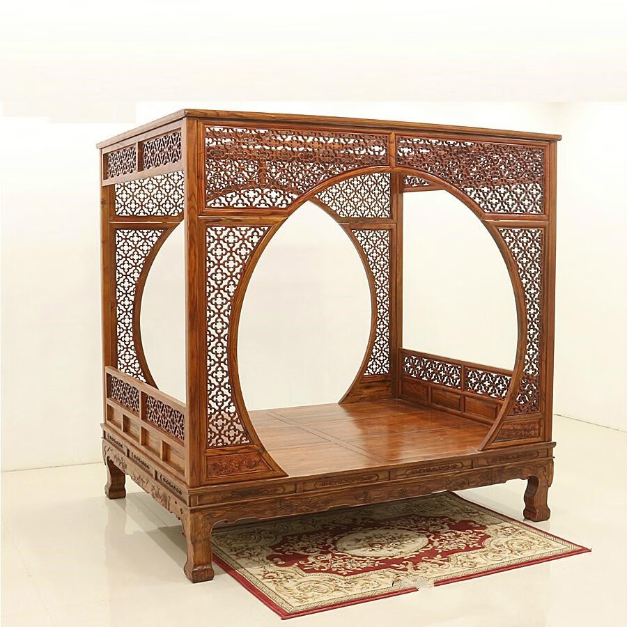 复古月洞床 老榆木中式单双月洞架子床明清复四柱仿古代床实木雕红