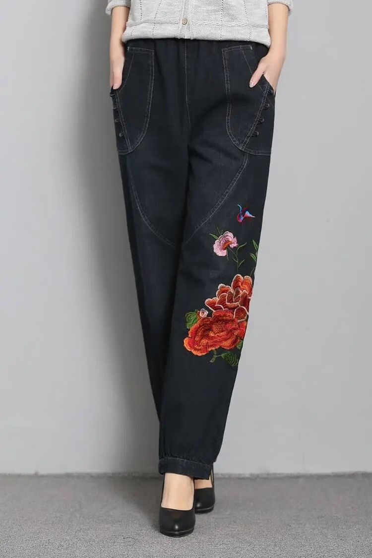 浪莎轻奢高档品牌牛仔裤女秋冬新款春秋新松紧高腰绣花长裤女灯笼裤