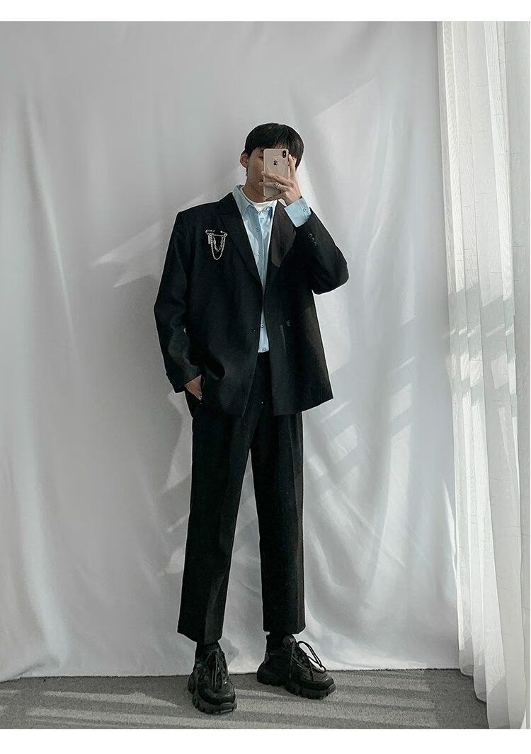 韩系痞帅小西服男学生宽松港风西装外套男韩版潮流休闲k西服套装 黑色