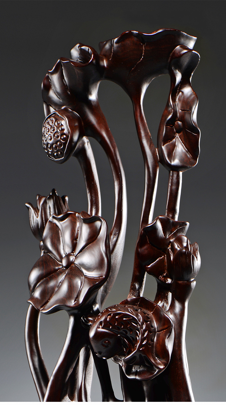 黑檀木年年有鱼根雕荷花雕刻摆件 红木家居装饰工艺品开业乔迁送礼