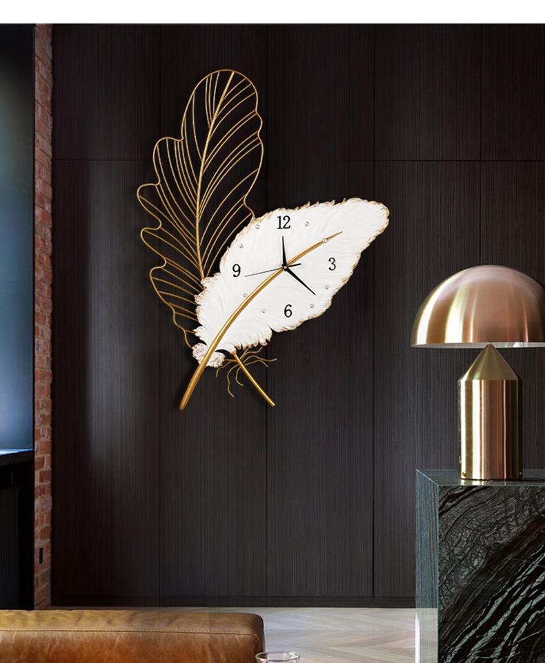 时钟轻奢风客厅装饰品家用钟饰创意个性时尚挂钟铁艺羽毛挂钟10英寸