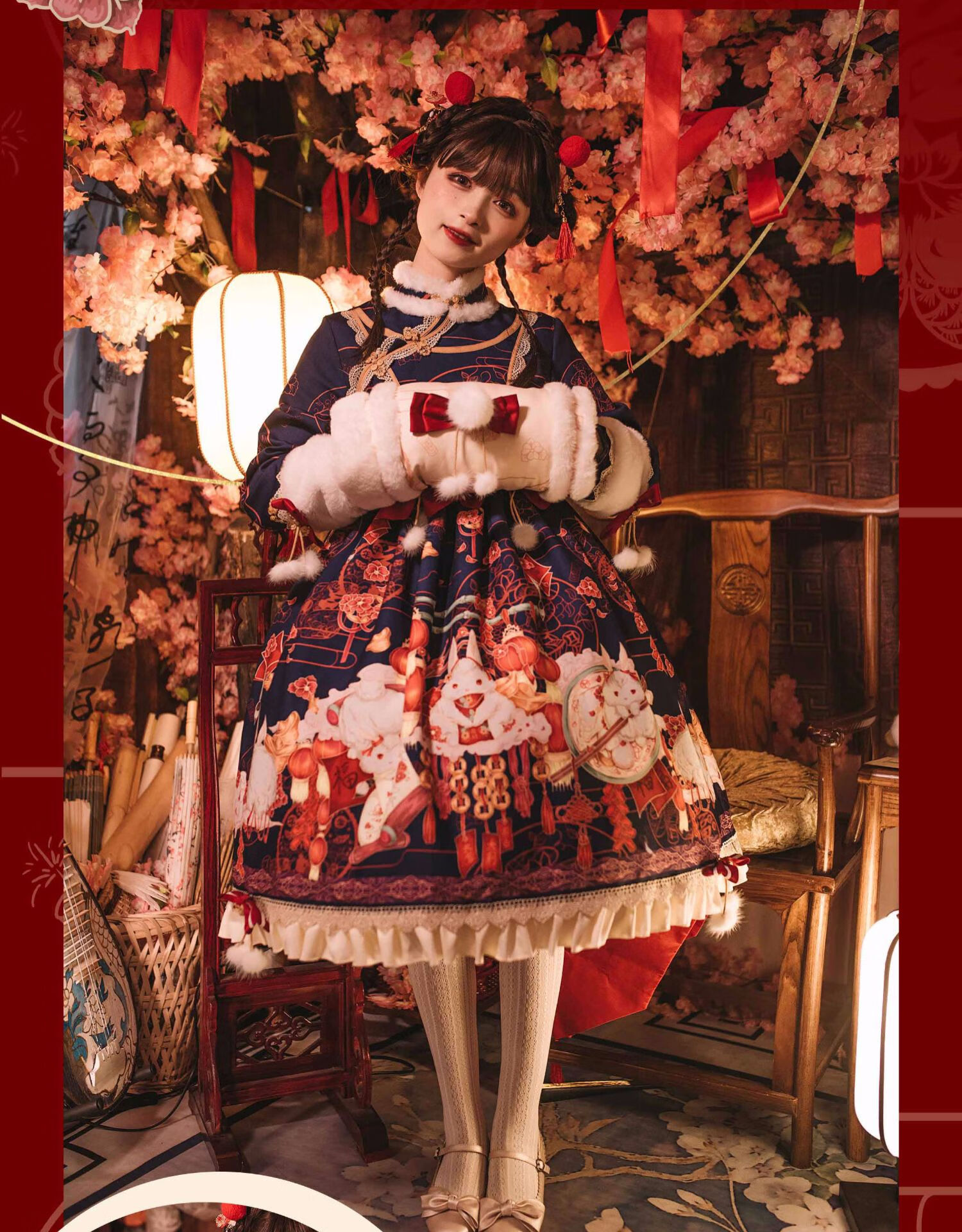 洛丽塔国风枫藻记lolita瑞兔呈祥新年装国风op连衣裙中华风洛丽塔 绀