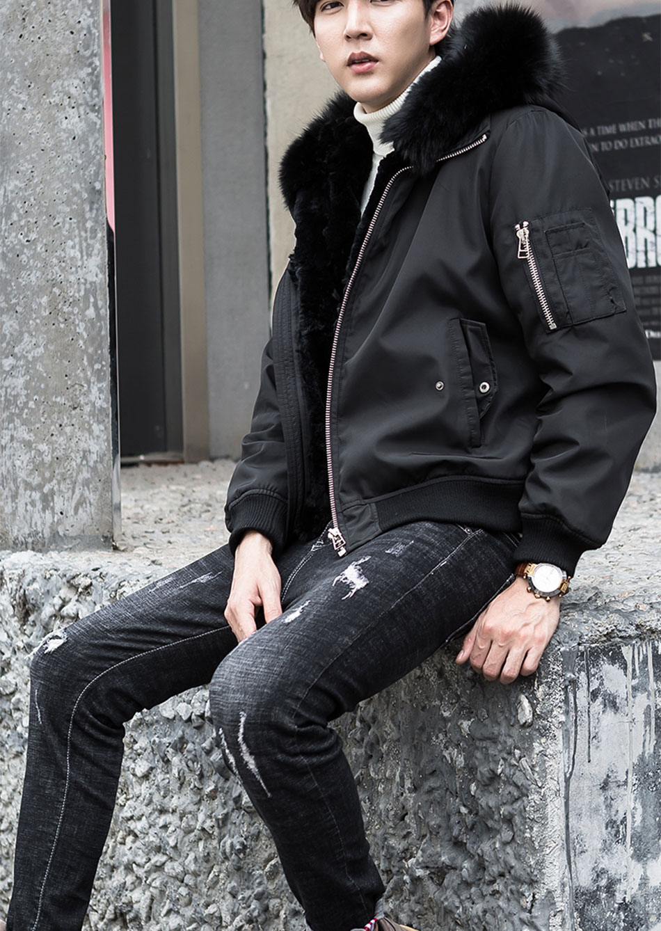 鸭鸭(yaya)轻奢品质2019新款派克服男短款连帽獭兔毛内胆韩版皮毛一体