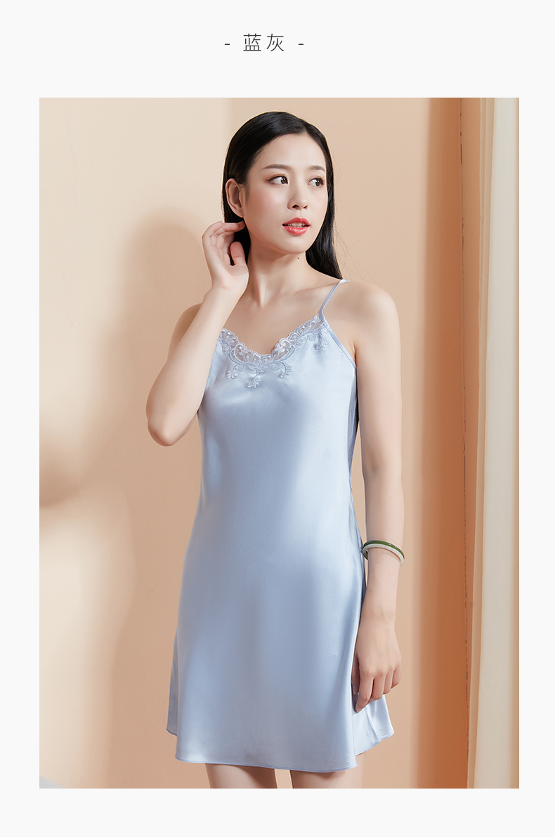 绣娘丝绸真丝睡裙甜美蕾丝家居服可外穿打底真丝睡衣简心吊带裙深青