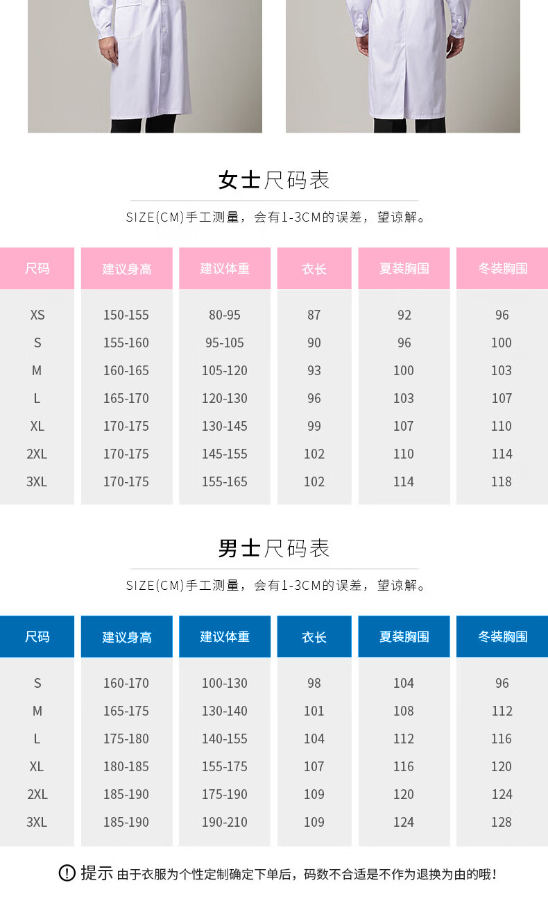 白大褂身高体重对照表图片