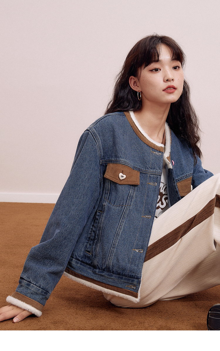 乐町拼色牛仔外套2022秋季新款双色甜美短外套女宽松设计感小众 牛仔