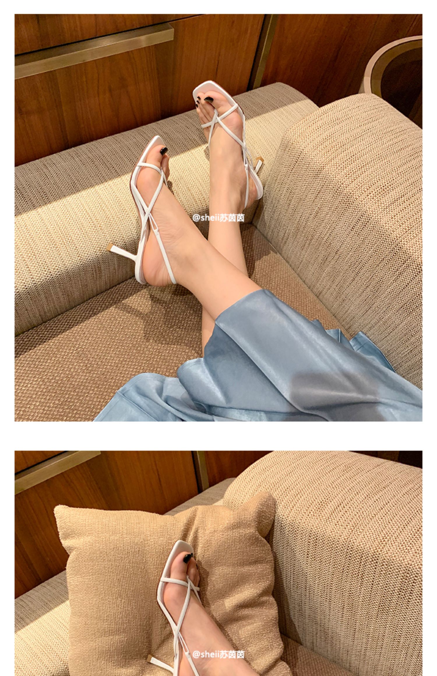 【sheii苏茵茵】高跟鞋女2022新款设计款小众方头细带露趾凉鞋女 橘色