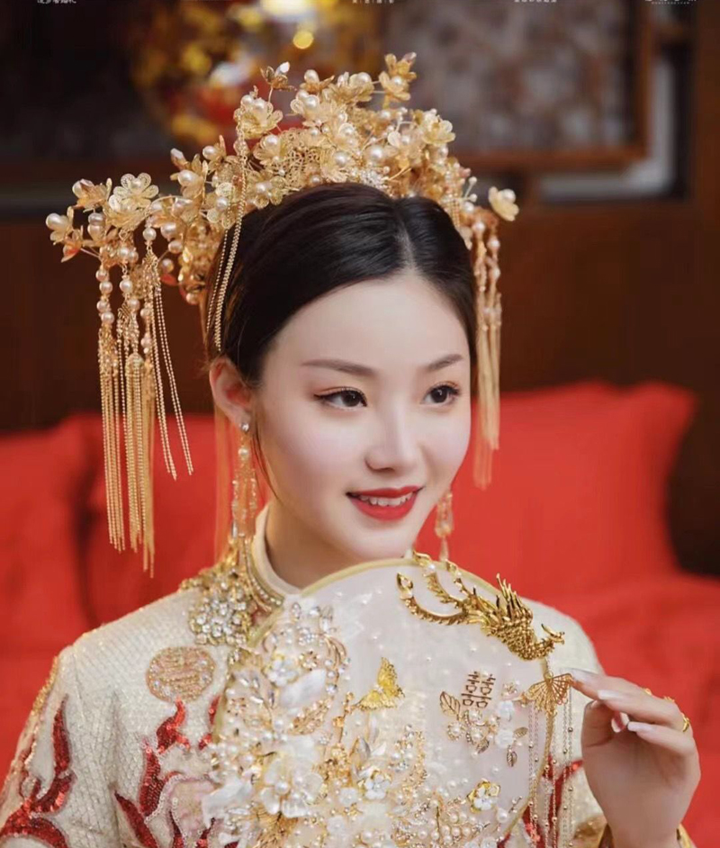 新款古装古典中式凤冠头饰结婚大气秀禾服发饰金色头冠龙凤褂配饰中式