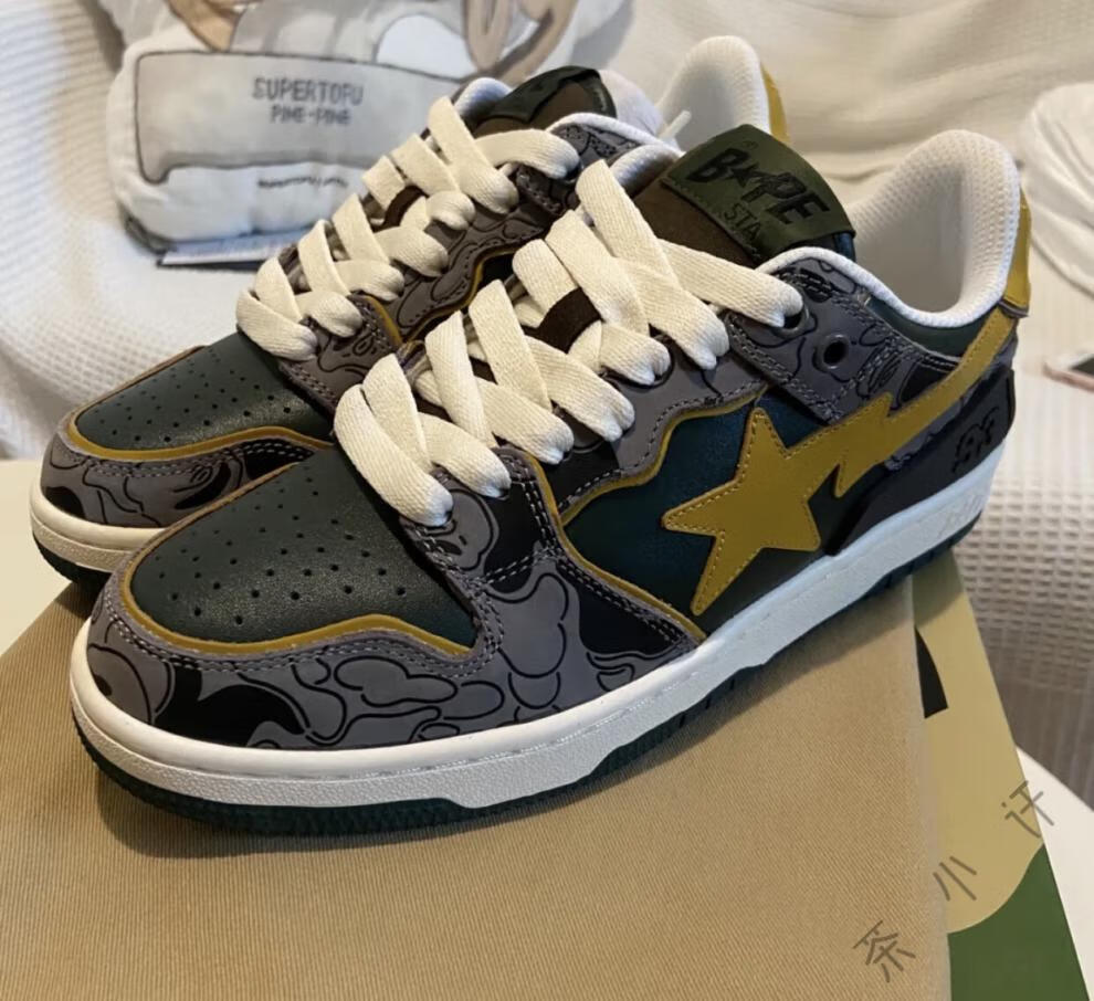 bapesta板鞋子bape鞋猿人星星闪电低帮休闲dunk棕白色滑板运动鞋 棕白