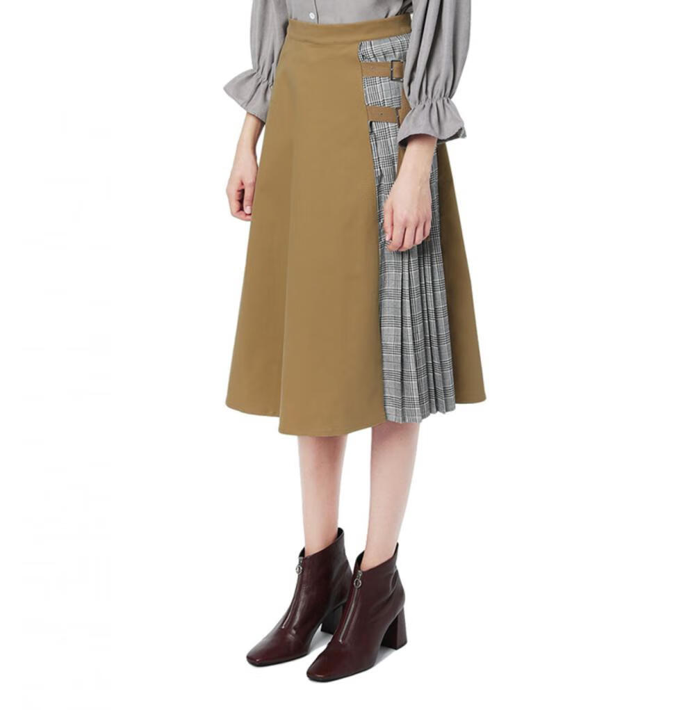 itbab女装半身裙春季气质格纹百褶拼接及膝饰带0147jebgz棕色38
