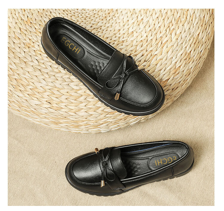 EGCHI Women's Shoes, Commuter Style, Top-Grain Leather Slip-On Loafers, White-Collar Work And Casual Shoes for Mothers, H77012, Black, Size 40 15