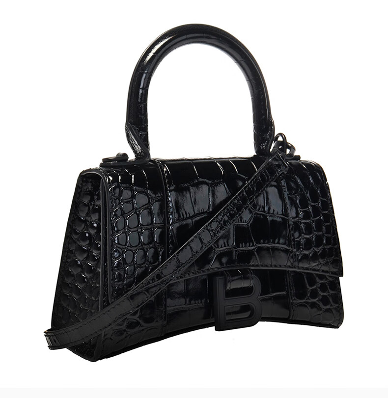 balenciaga/巴黎世家 hourglass系列女士黑色鳄鱼压纹小牛皮经典b字母