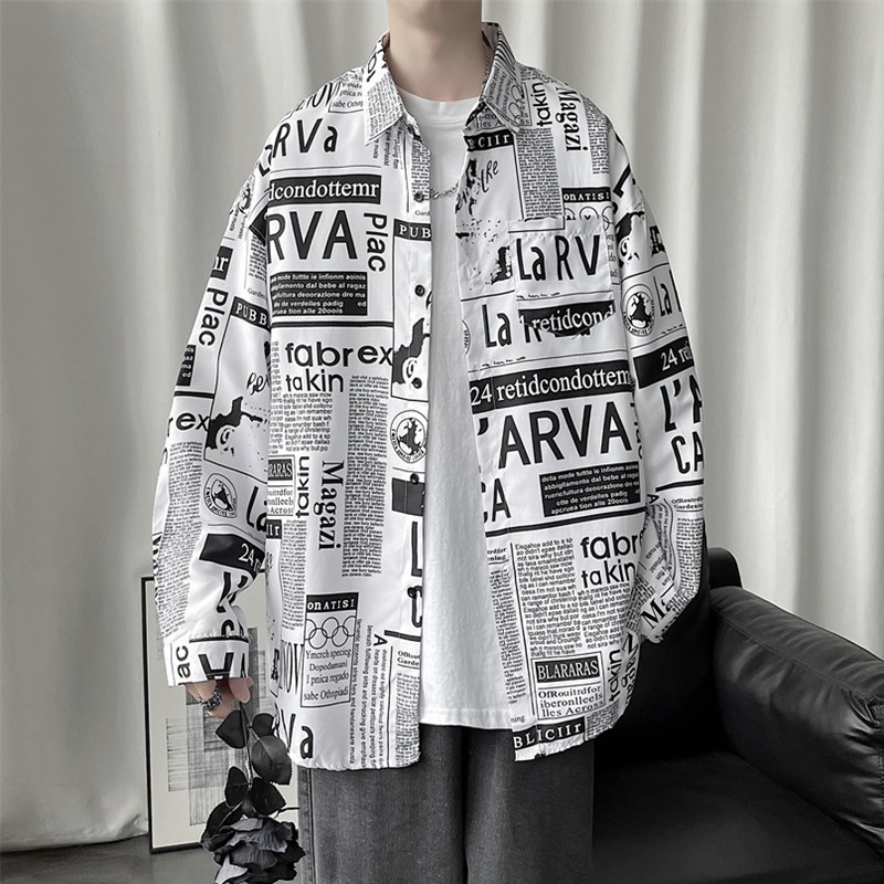 苏京猫报纸衬衫男长袖日系文艺宽松坠感秋季免烫抗皱花衬衣学生长袖35