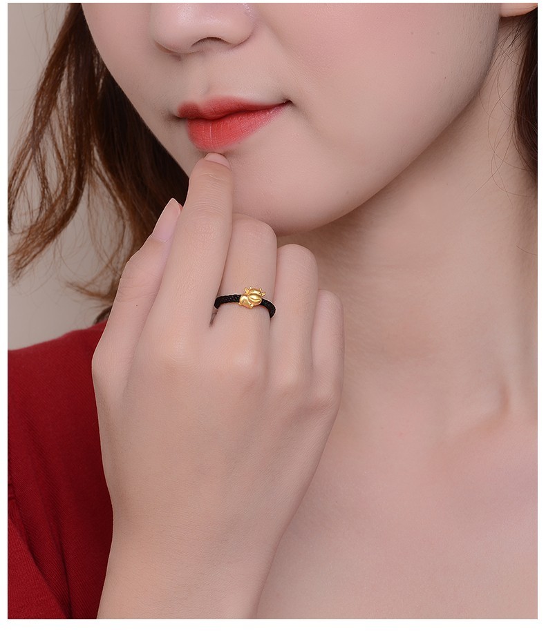老凤祥款式周大福星999足金生肖虎转运珠黄金戒指女款编织绳指环3d硬